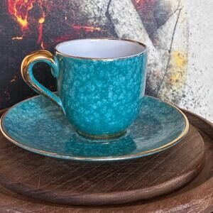 Vintage Italian Teal and Gold Teacup and Saucer Set